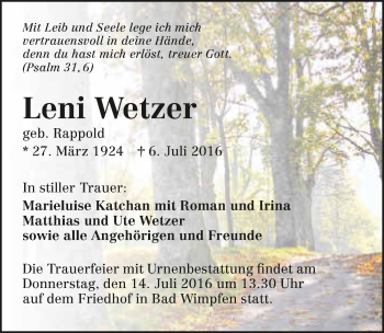 Traueranzeige von Leni Wetzer 