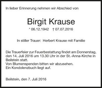 Traueranzeige von Birgit Krause 
