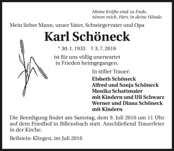 Traueranzeige von Karl Schöneck 