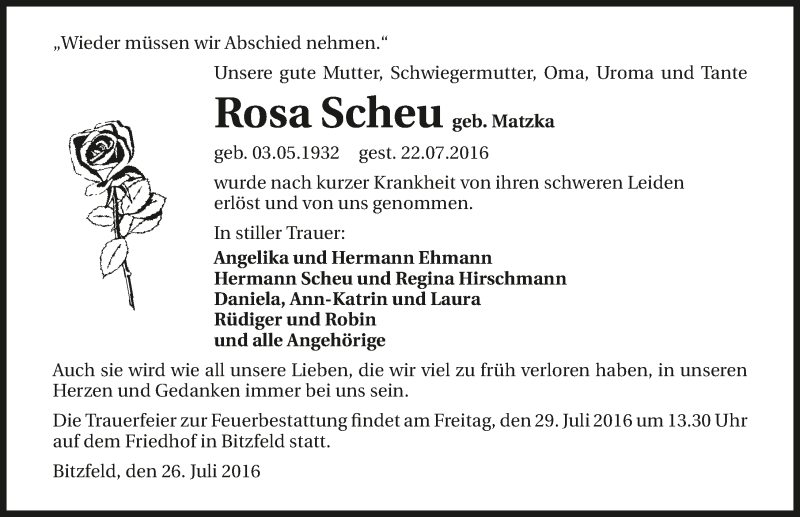  Traueranzeige für Rosa Scheu vom 26.07.2016 aus 