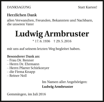 Traueranzeige von Ludwig Armbruster 