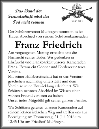 Traueranzeige von Franz Friedrich 