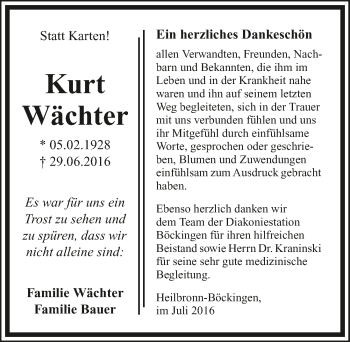 Traueranzeige von Kurt Wächter 