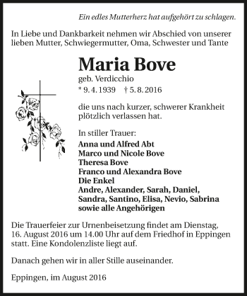 Traueranzeige von Maria Bove 