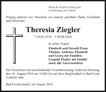 Traueranzeige von Theresia Ziegler 