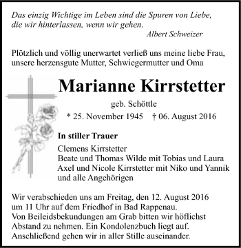 Traueranzeige von Marianne Kirrstetter 