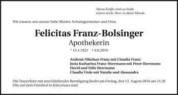 Traueranzeige von Felicitas Franz-Bolsinger 
