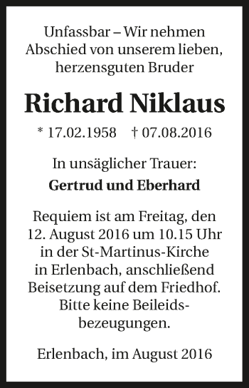 Traueranzeige von Richard Niklaus 