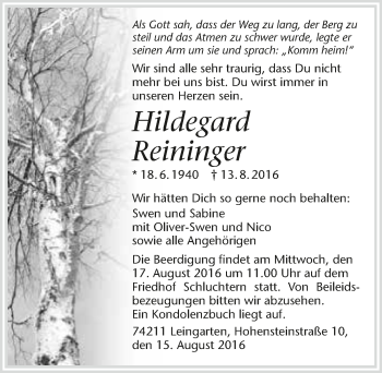 Traueranzeige von Hildegard Reininger 