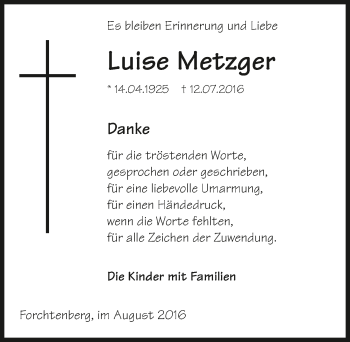 Traueranzeige von Luise Metzger 