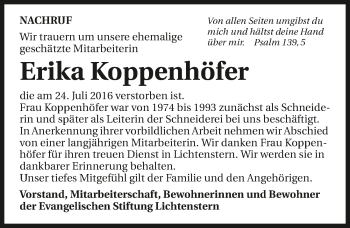 Traueranzeige von Erika Koppenhöfer 