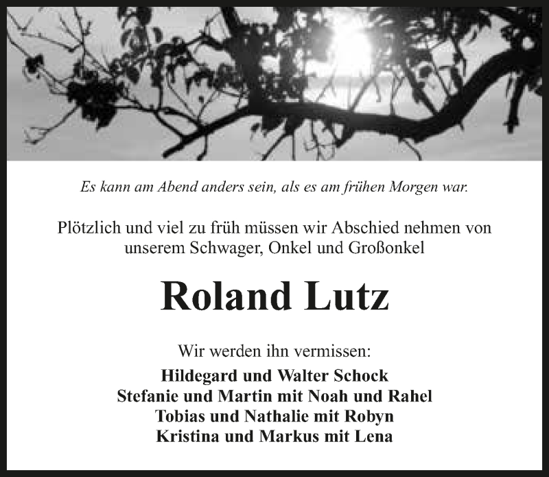  Traueranzeige für Roland Lutz vom 01.09.2016 aus 