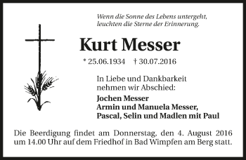 Traueranzeige von Kurt Messer 