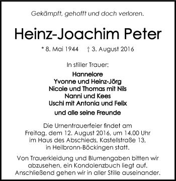 Traueranzeige von Heinz-Joachim Peter 