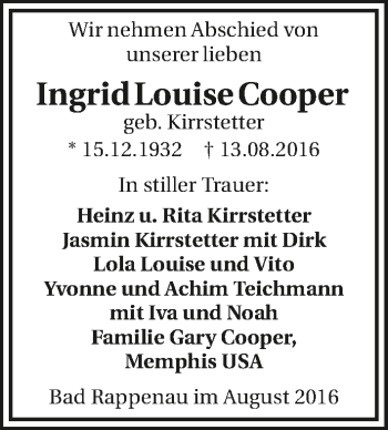 Traueranzeige von Ingrid Louise Cooper 