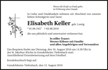 Traueranzeige von Elisabeth Keller 