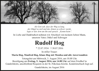 Traueranzeige von Rudolf Hog 