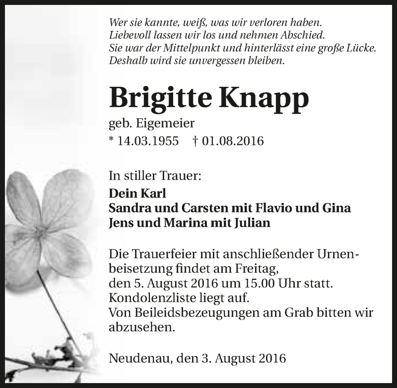  Traueranzeige für Brigitte Knapp vom 03.08.2016 aus 