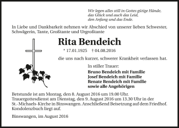 Traueranzeige von Rita Bendeich 