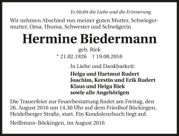 Traueranzeige von Hermine Biedermann 