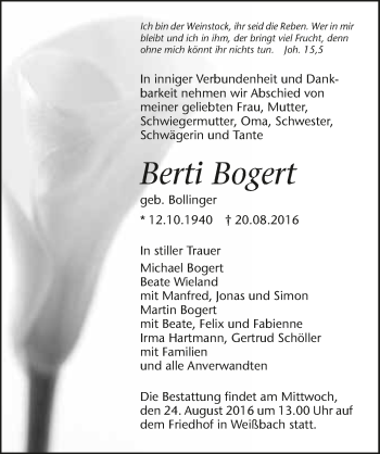 Traueranzeige von Berti Bogert 