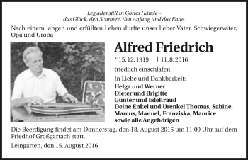 Traueranzeige von Alfred Friedrich 