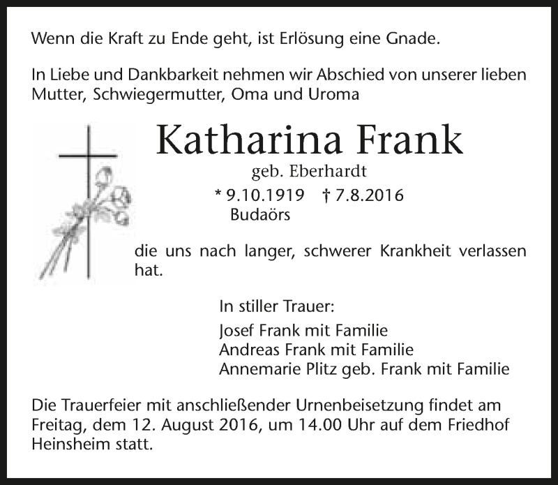  Traueranzeige für Katharina Frank vom 10.08.2016 aus 