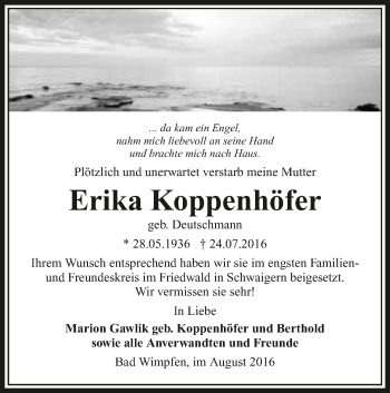 Traueranzeige von Erika Koppenhöfer 