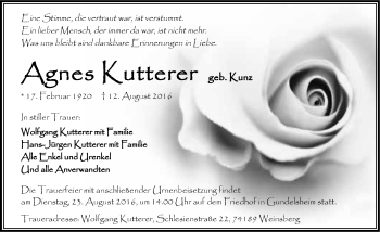 Traueranzeige von Agnes Kutterer 