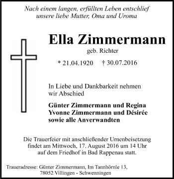 Traueranzeige von Ella Zimmermann 