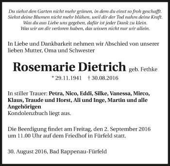 Traueranzeige von Rosmarie Dietrich 