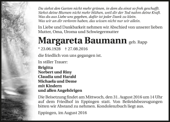 Traueranzeige von Margareta Baumann 