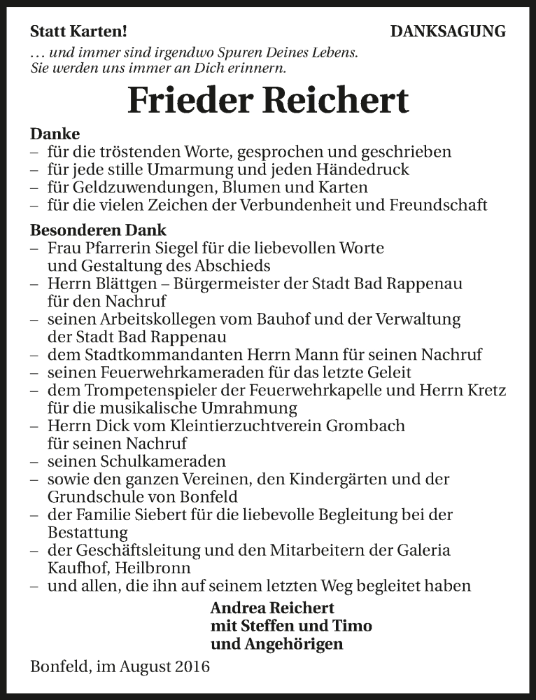  Traueranzeige für Frieder Reichert vom 13.08.2016 aus 