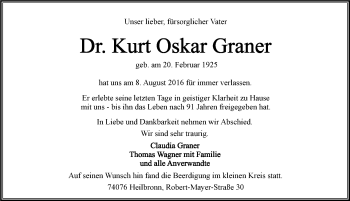 Traueranzeige von Kurt Oskar Graner 