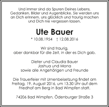 Traueranzeige von Ute Bauer 