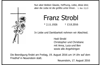 Traueranzeige von Franz Strobl 