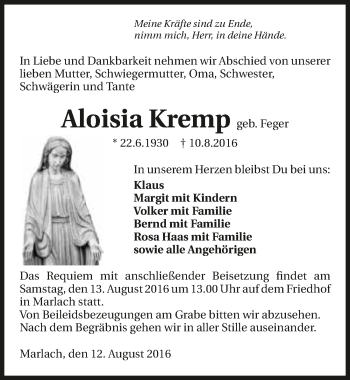 Traueranzeige von Aloisia Kremp 