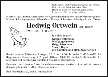 Traueranzeige von Hedwig Ortwein 