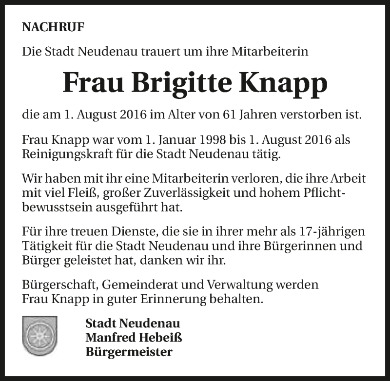  Traueranzeige für Brigitte Knapp vom 04.08.2016 aus 
