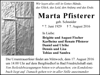 Traueranzeige von Marta Pfisterer