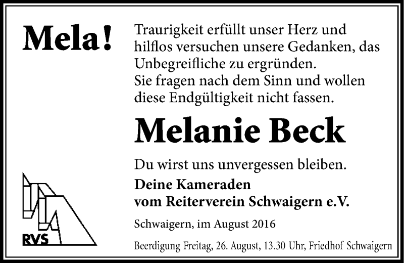  Traueranzeige für Melanie Beck vom 25.08.2016 aus 