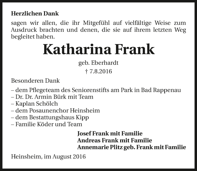  Traueranzeige für Katharina Frank vom 19.08.2016 aus 