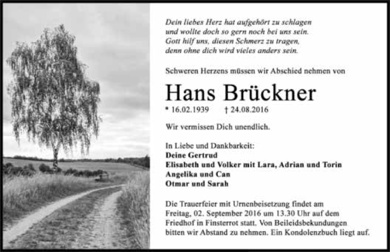  Traueranzeige für Hans Brückner vom 30.08.2016 aus 