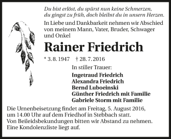 Traueranzeige von Rainer Friedrich 