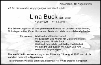 Traueranzeige von Lina Buck 