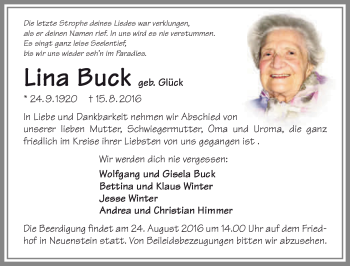 Traueranzeige von Lina Buck 