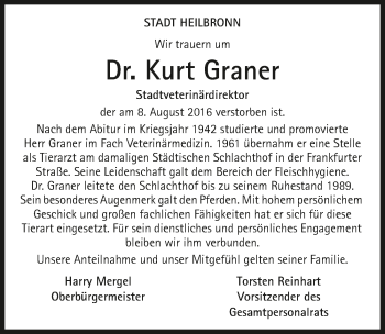 Traueranzeige von Kurt Graner 