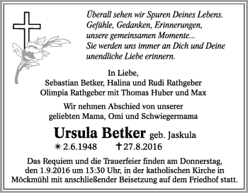 Traueranzeige von Ursula Betker 