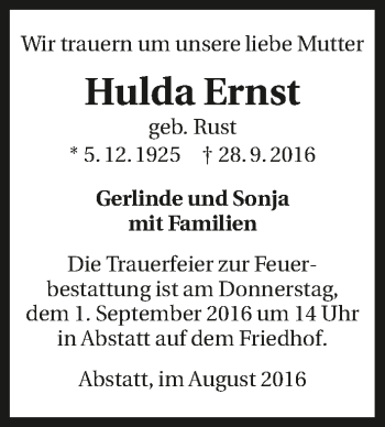 Traueranzeige von Hulda Ernst 