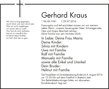 Traueranzeige von Gerhard Kraus 